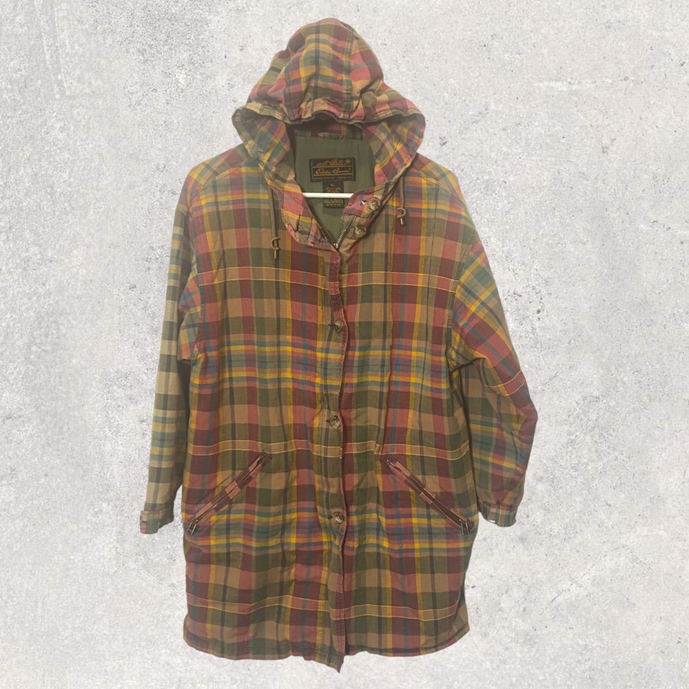 Vintage Eddie Bauer hooded plaid mid length jacket Women’s Small Made in…